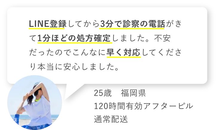 LINE登録してから3分で診察の電話がきて1分ほどの処方確定しました。不安だったのでこんなに早く対応してくださり本当に安心しました。　25歳福岡県　120時間有効アフターピル　通常配送